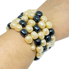 MONET signed cream grey glass pearl designer wrap beaded bracelet