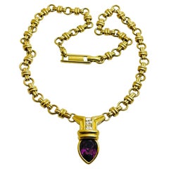 Vintage MONET signed gold chain amethyst glass designer necklace 