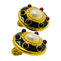 MONET signed gold enamel pearl red cabs designer clip on earrings