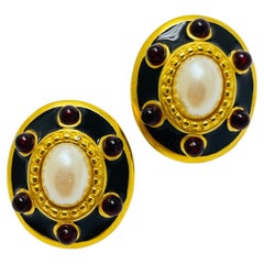MONET signed gold enamel pearl red cabs designer clip on earrings