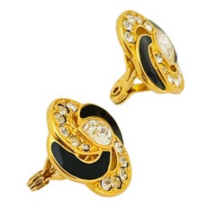 MONET signed gold rhinestones enamel designer runway clip on earrings