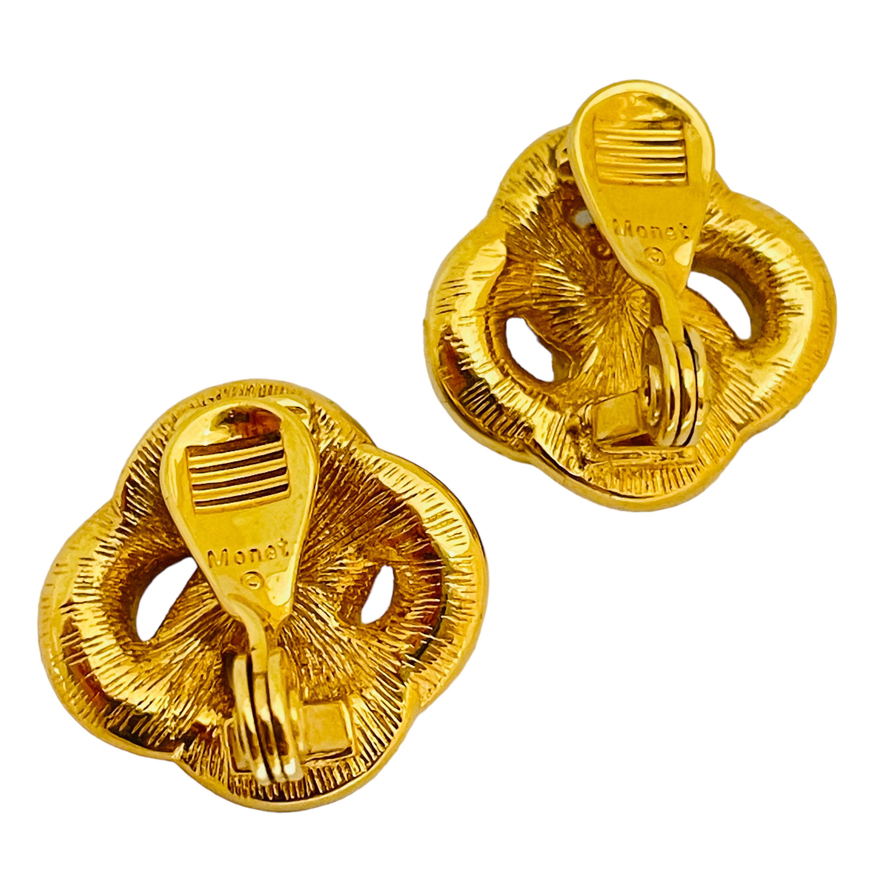 MONET signed gold rhinestones enamel designer runway clip on earrings In Good Condition For Sale In Palos Hills, IL