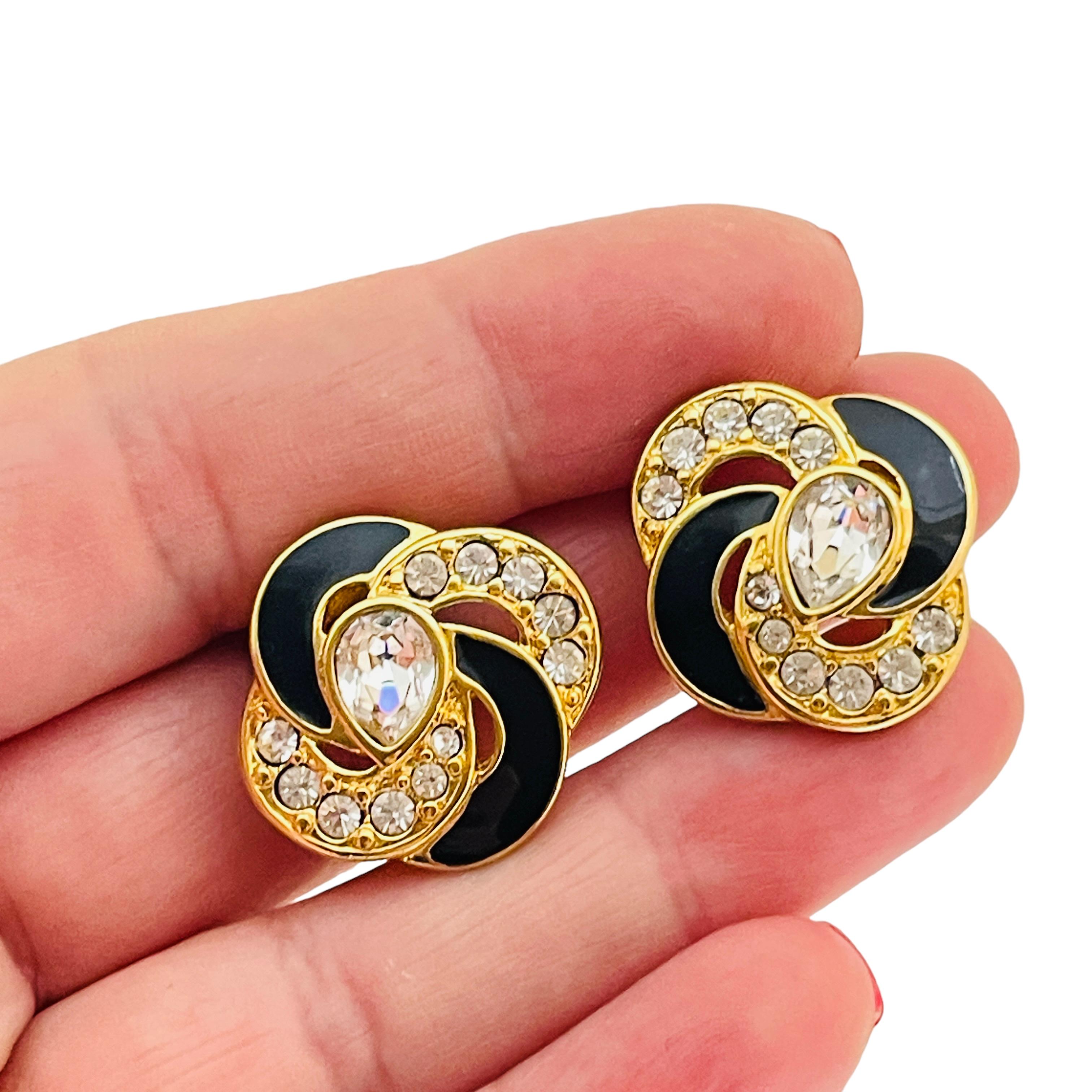 Women's MONET signed gold rhinestones enamel designer runway clip on earrings For Sale