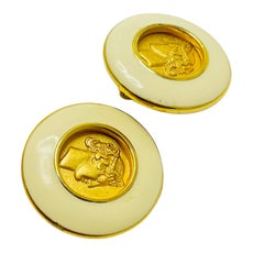MONET signed gold Roman coin enamel designer clip on earrings