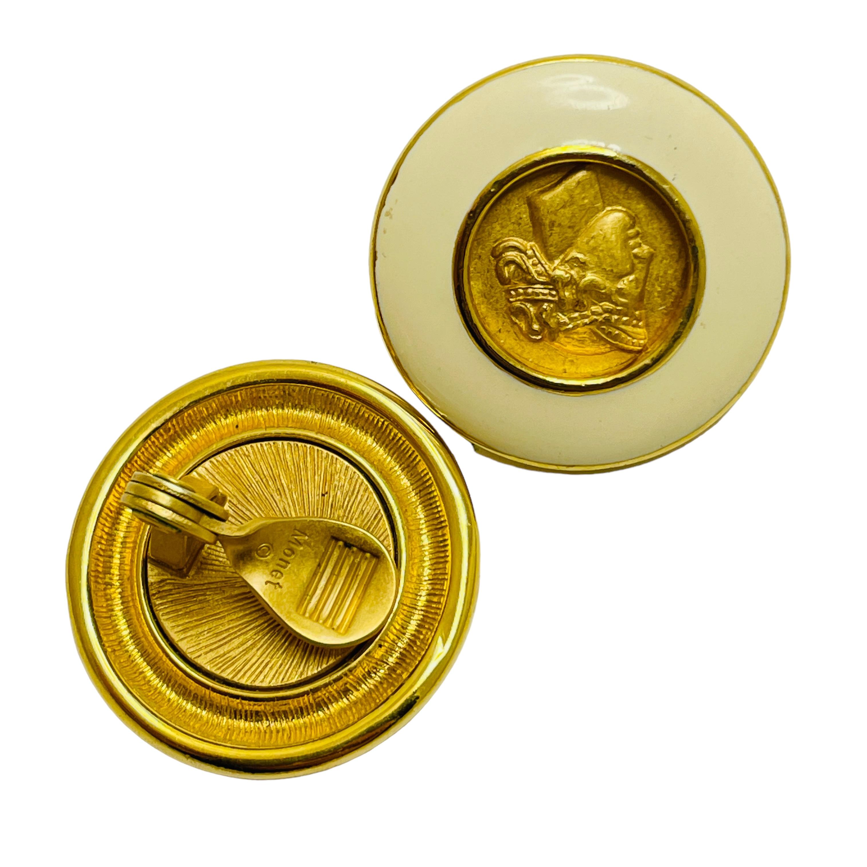 MONET signed gold Roman coin enamel designer clip on earrings In Good Condition For Sale In Palos Hills, IL