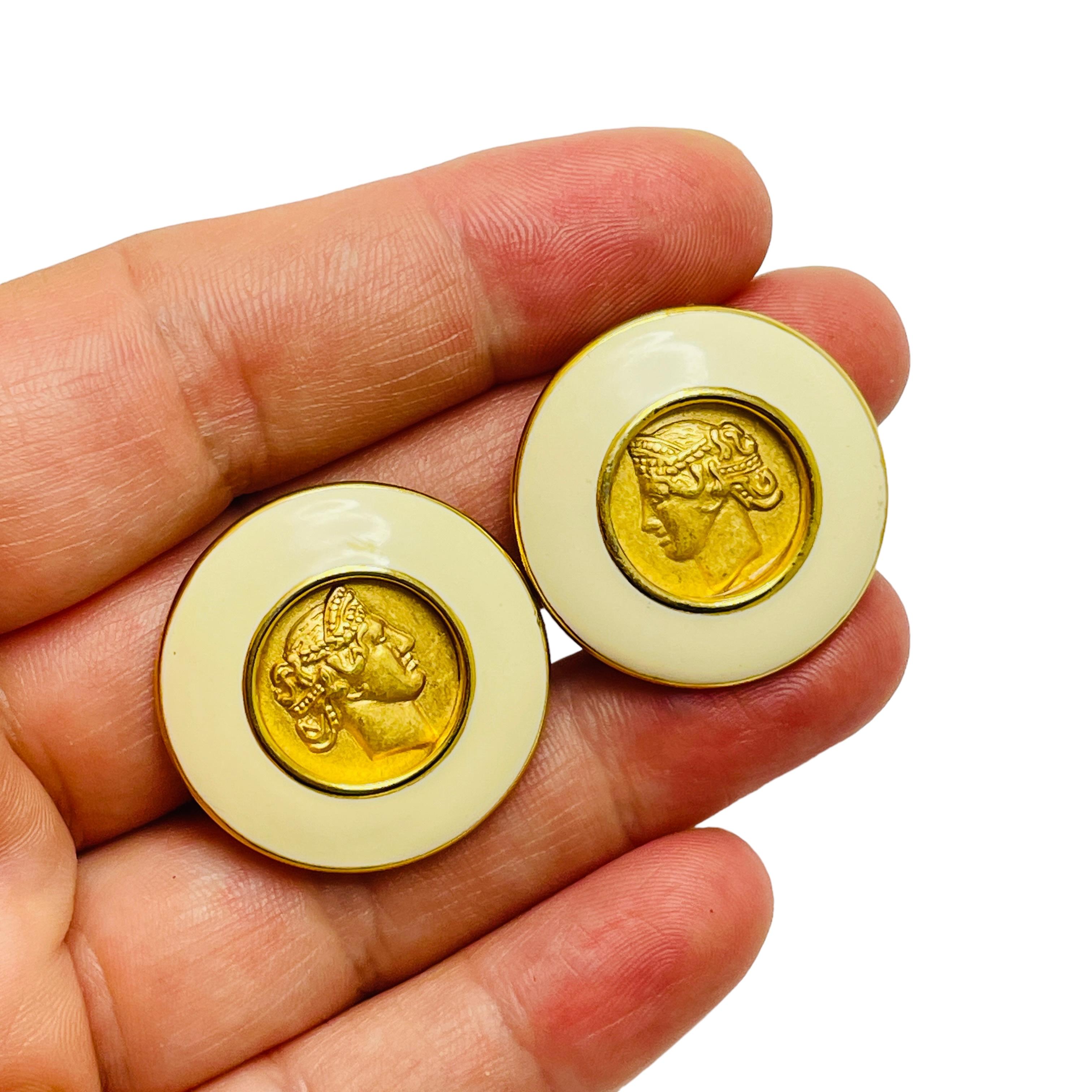 Women's MONET signed gold Roman coin enamel designer clip on earrings For Sale