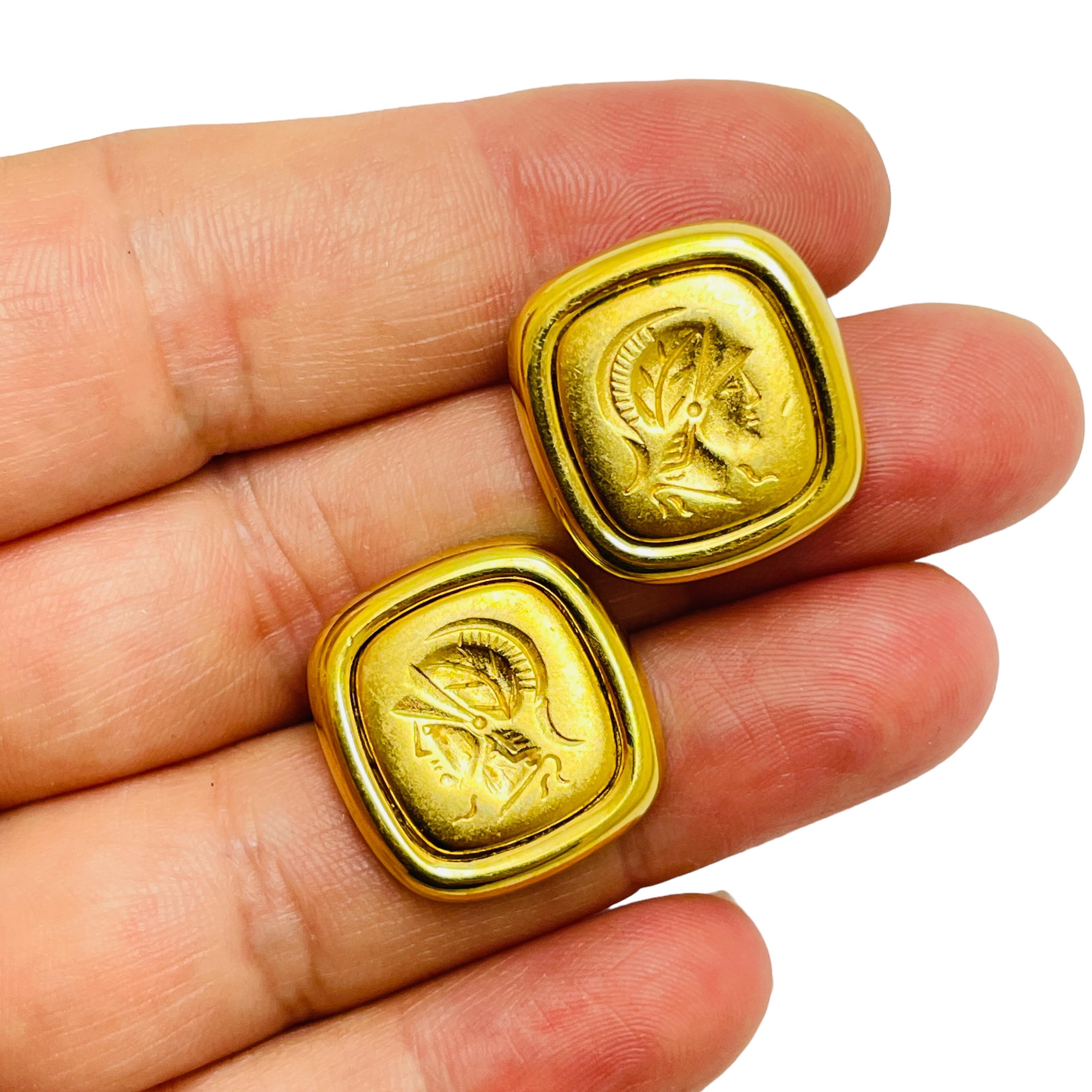 Women's MONET signed gold Roman soldier designer pieeced earrings For Sale