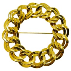 Used MONET signed gold tone chain round huge designer runway brooch