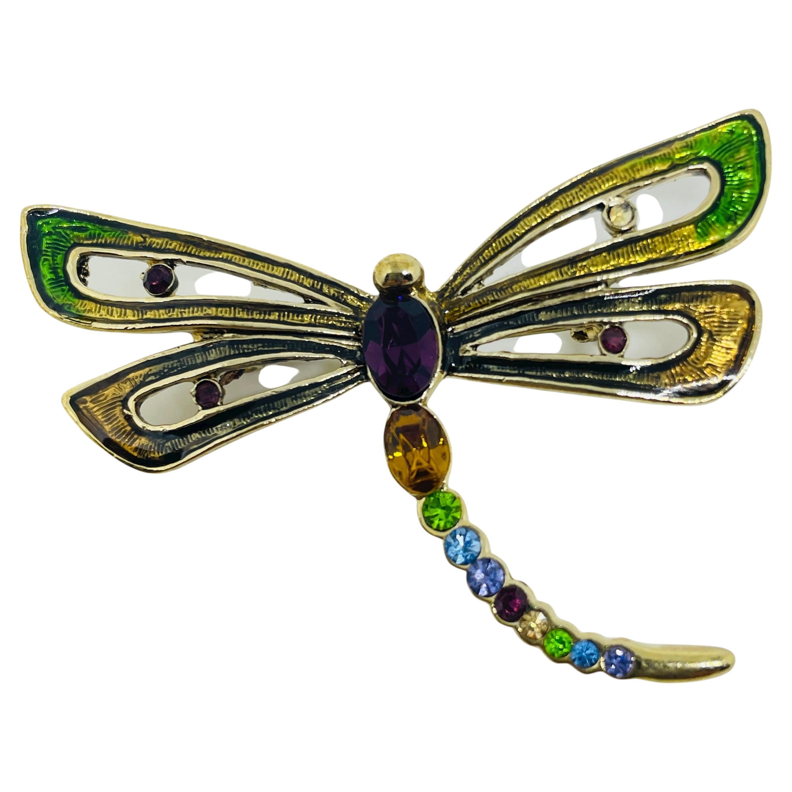 MONET signed gold tone crystals enamel dragonfly designer brooch