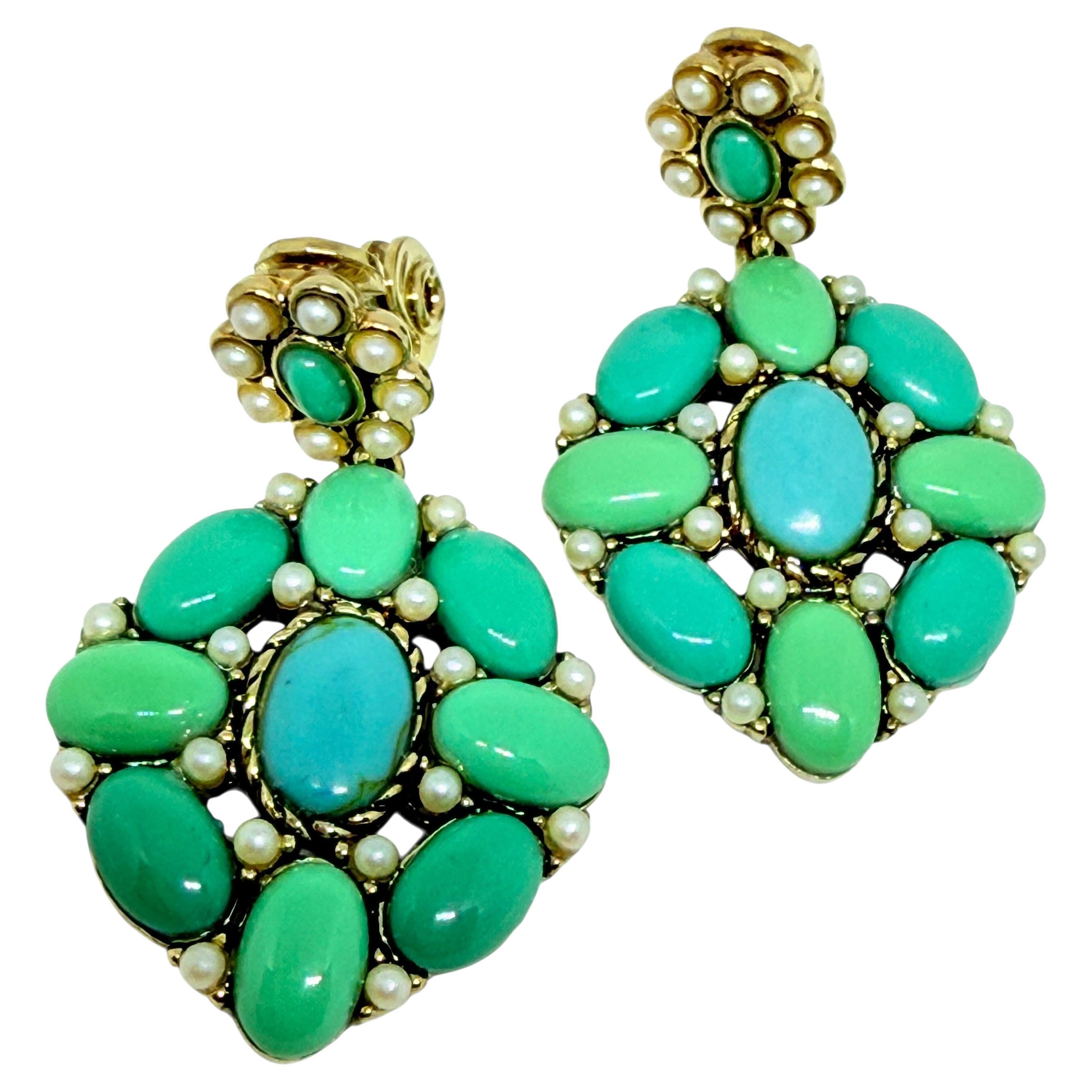 MONET - Boucles d
oreilles à clip en fausse turquoise signées et dorées