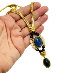 MONET signed gold tone jewel glass stones moghul designer runway necklace