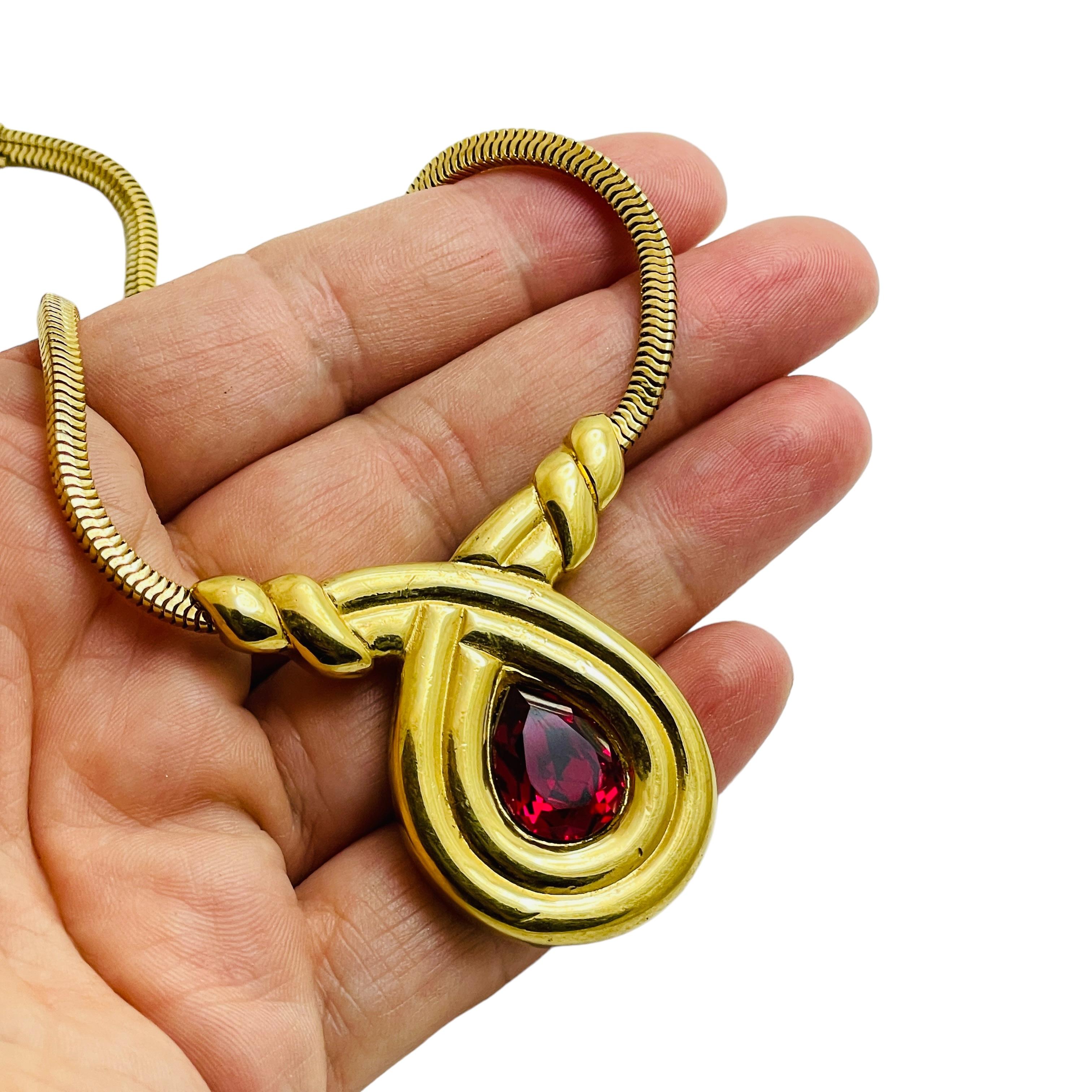 Women's MONET signed gold tone ruby red glass chain designer necklace For Sale