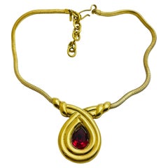 MONET signed gold tone ruby red glass chain designer necklace 