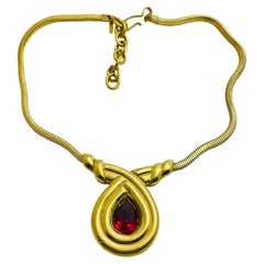 MONET signed gold tone ruby red glass chain designer necklace