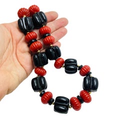 MONET signed vintage faux coral onyx beaded massive designer runway necklace