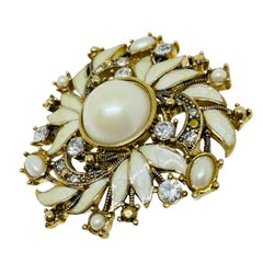 MONET signed vintage faux pearl enamel gold tone designer brooch