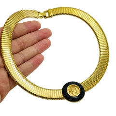 MONET signed vintage gold coin enamel omega chin designer runway necklace