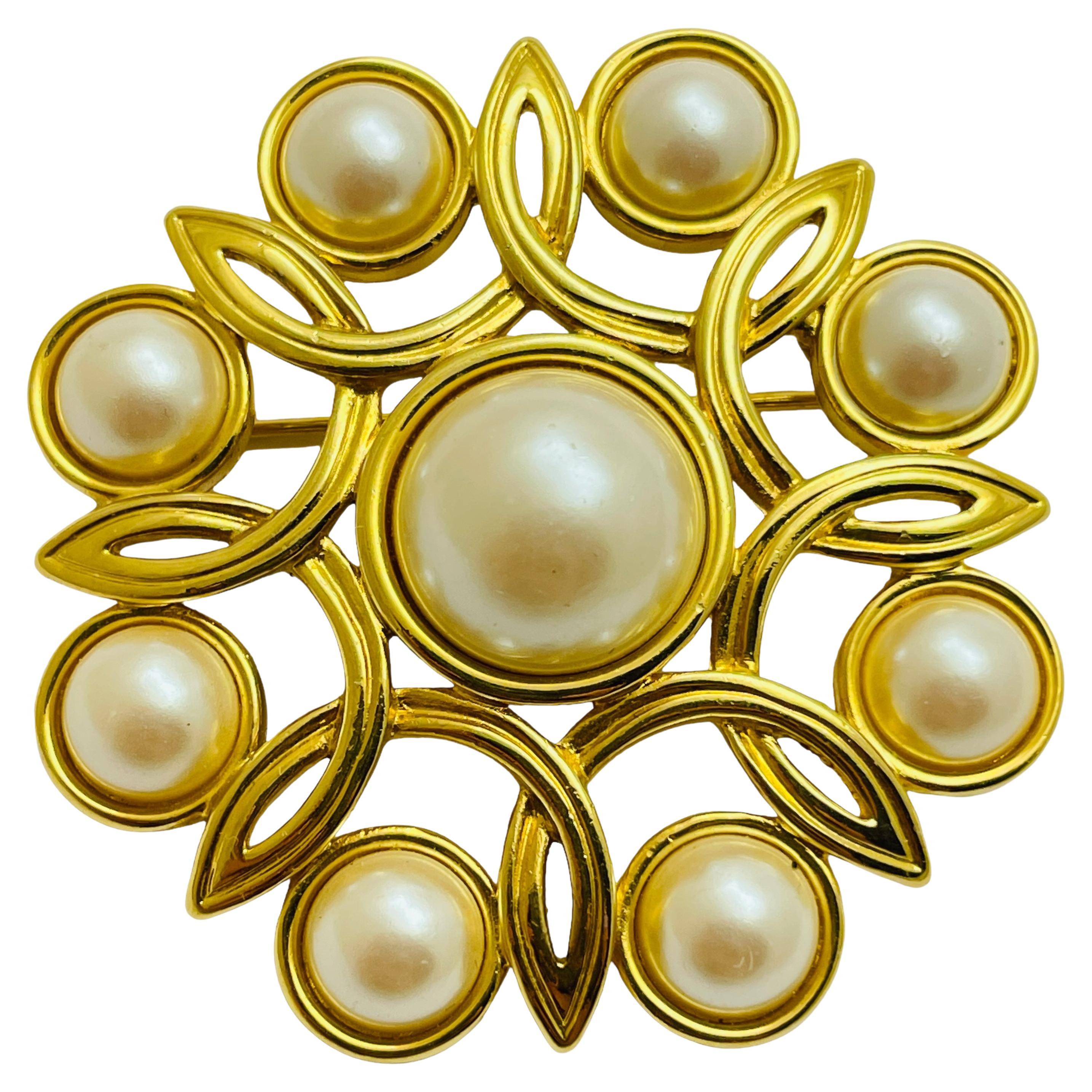 MONET signed vintage gold pearl designer brooch