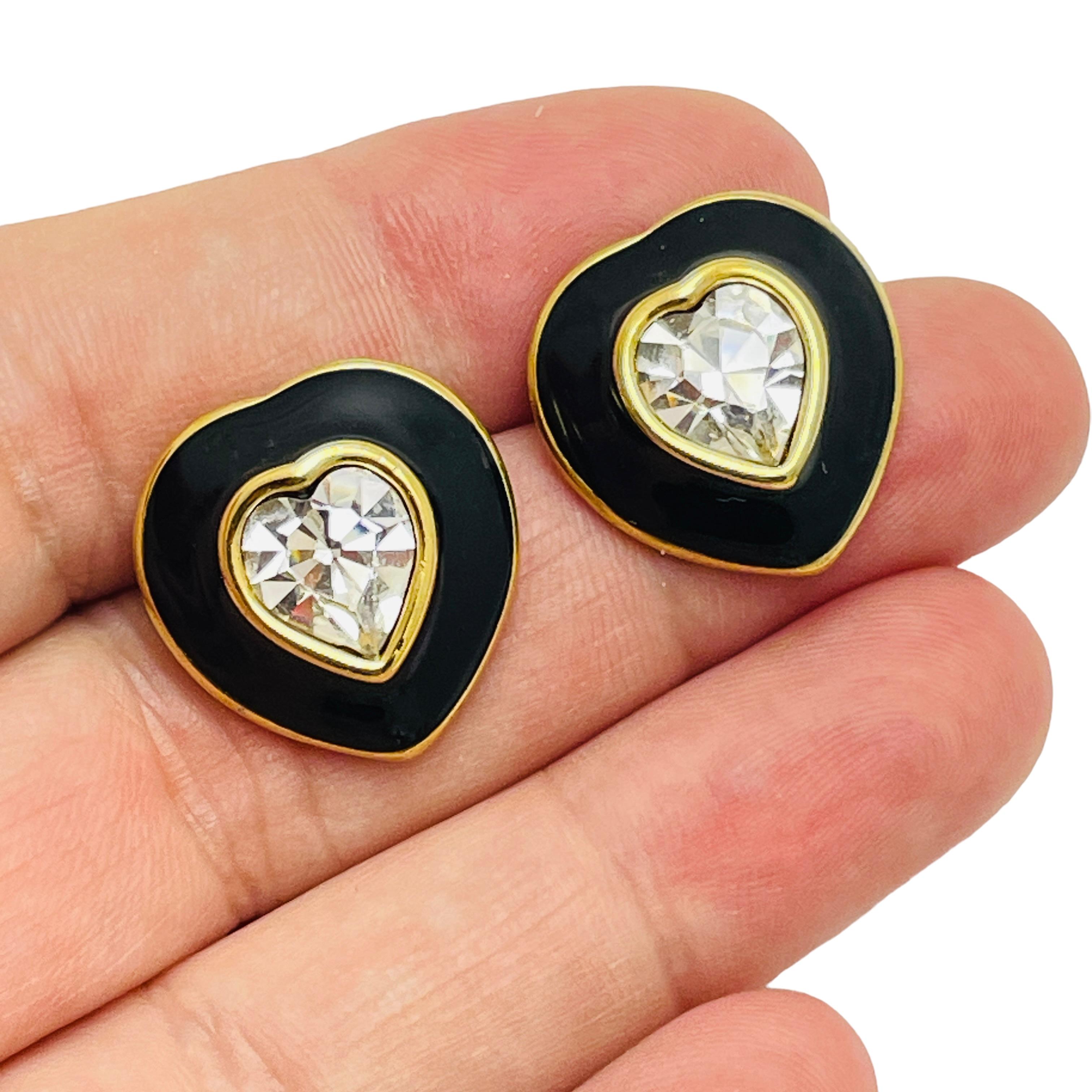 Women's MONET signed vintage gold rhinestone enamel heart designer earrings For Sale
