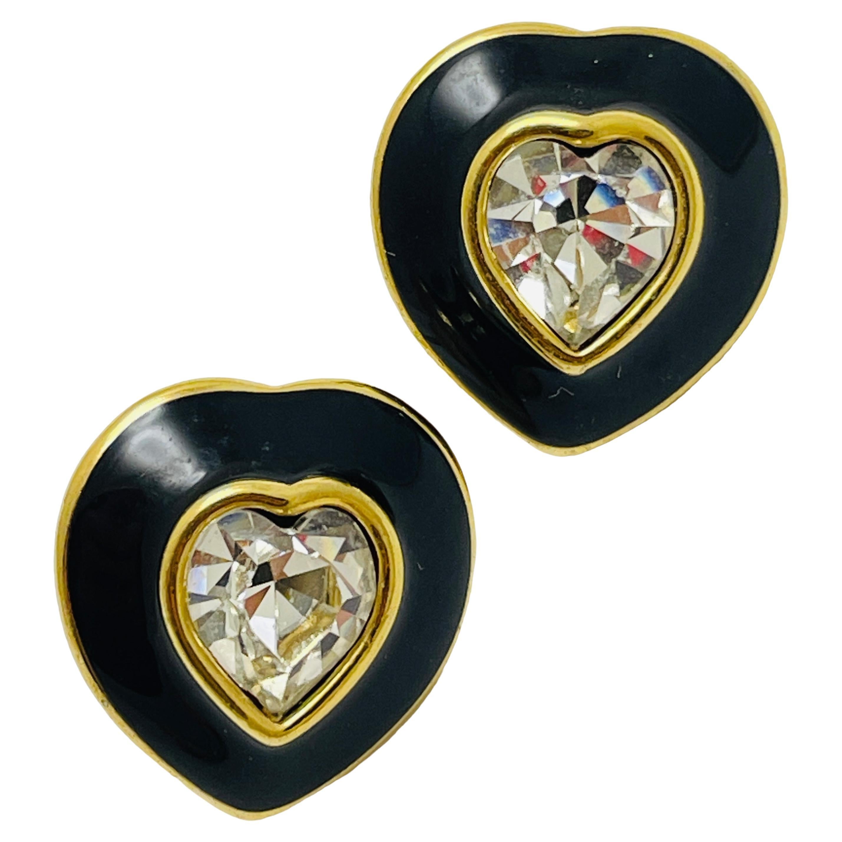 MONET signed vintage gold rhinestone enamel heart designer earrings For Sale