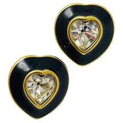 MONET signed vintage gold rhinestone enamel heart designer earrings