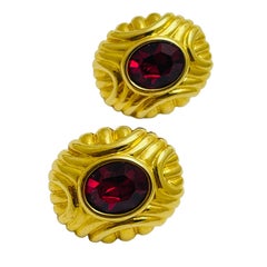 MONET signed vintage gold ruby red glass designer runway clip on earrings