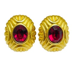 MONET signed vintage gold ruby red glass designer runway clip on earrings