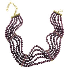 MONET signed vintage gold tone amethyst glass beads choker designer necklace
