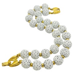 MONET signed vintage gold tone ehite enamel beads designer bracelet