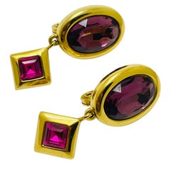 MONET signed vintage gold tone glass designer clip on drop earrings