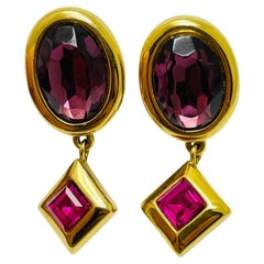 MONET signed vintage gold tone glass designer clip on drop earrings