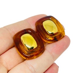 MONET signed vintage gold tone lucite amber designer 80's clip on earrings