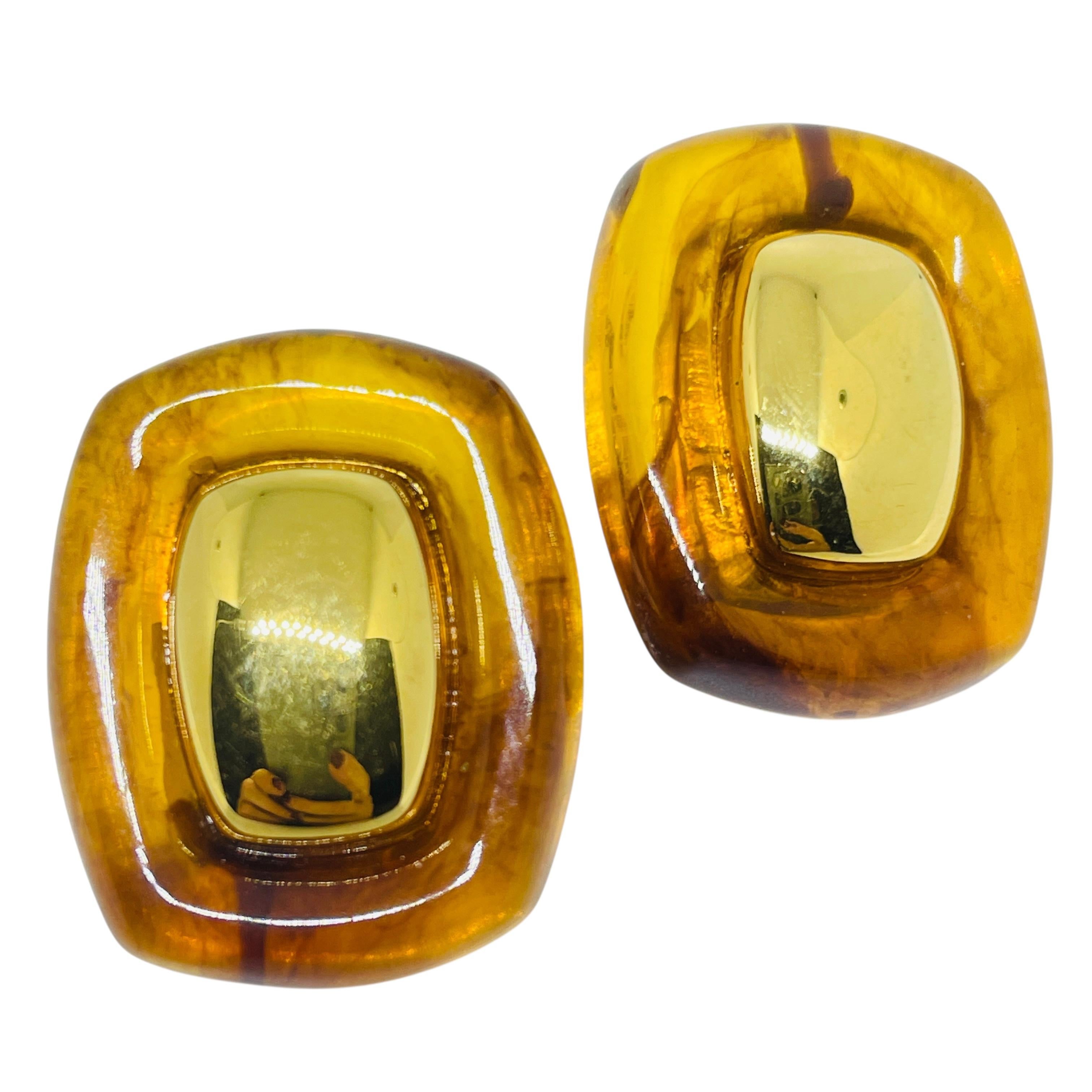 MONET signé vintage ton or lucite ambre designer 80
s boucles d
oreilles à clip