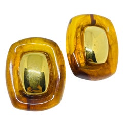 MONET signé vintage ton or lucite ambre designer 80
s boucles d
oreilles à clip