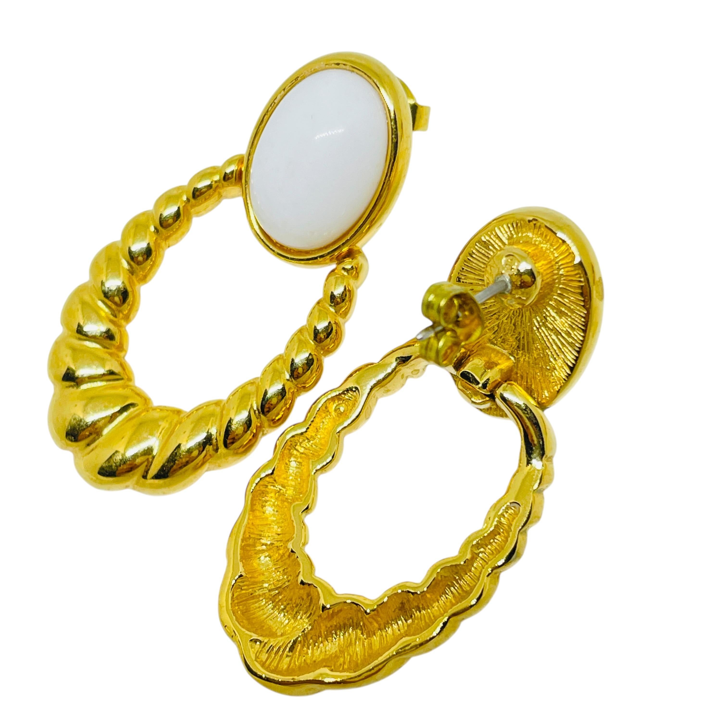 Women's or Men's MONET signed vintage gold tone lucite door knocker designer post earrings For Sale