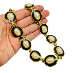 MONET signed vintage gold tone pearl enamel designer link necklace