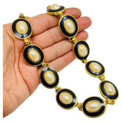 MONET signed vintage gold tone pearl enamel designer link necklace
