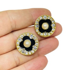 MONET signed vintage gold tone pearl enamel rhinestone designer pierced earrings