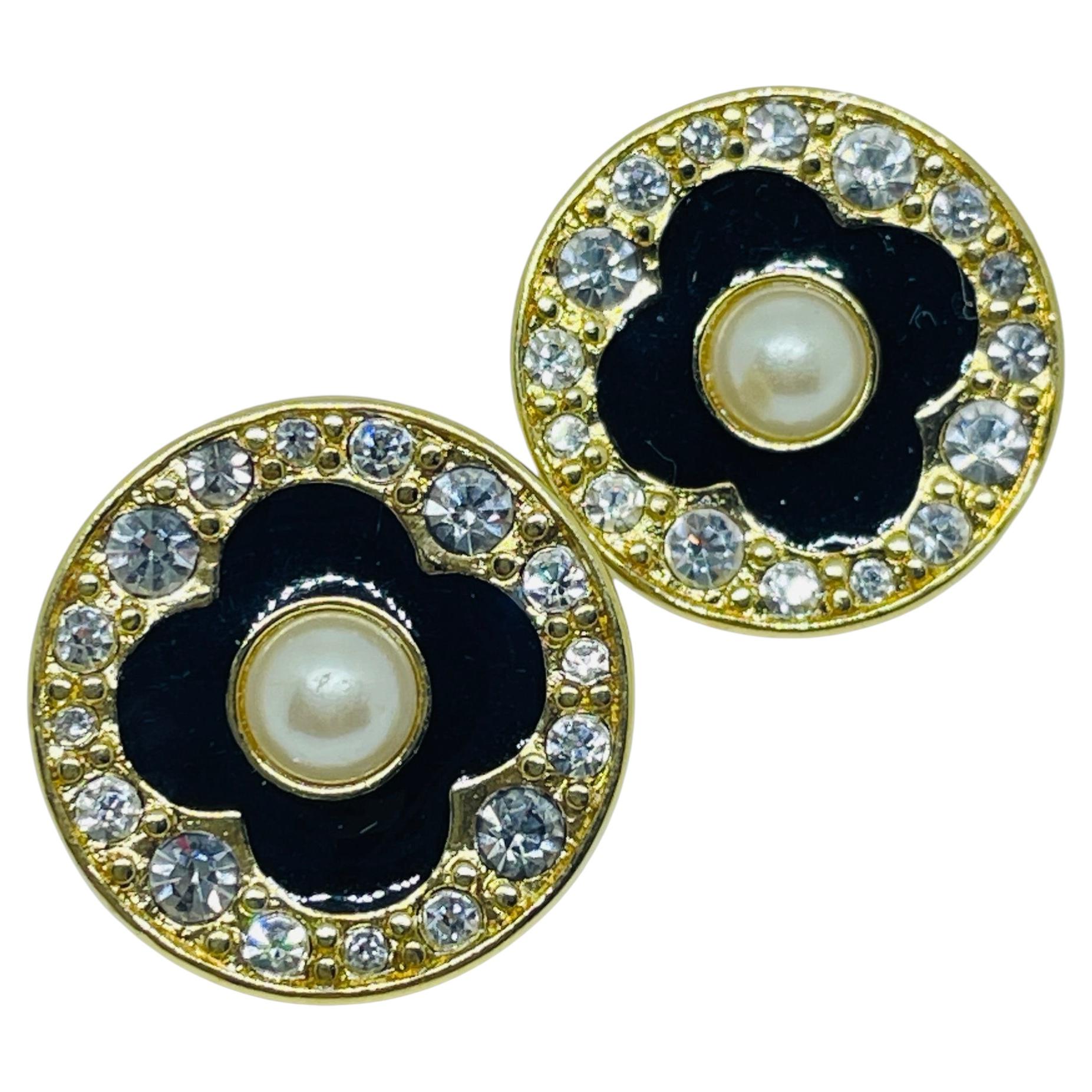 Pre-owned Monet Signed Vintage Gold Tone Pearl Enamel Rhinestone Designer Pierced Earrings In Multi