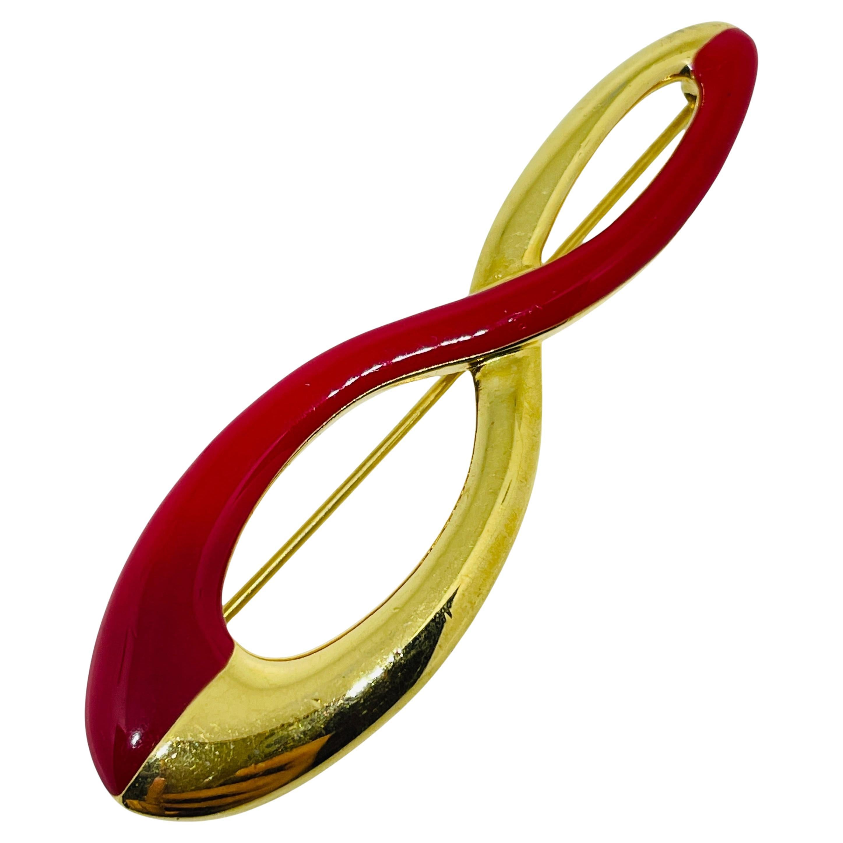 MONET signed vintage gold tone red enamel designer brooch For Sale