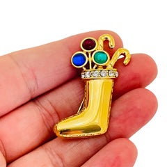 MONET signed vintage gold tone rhinestone Christmas stocking designer brooch