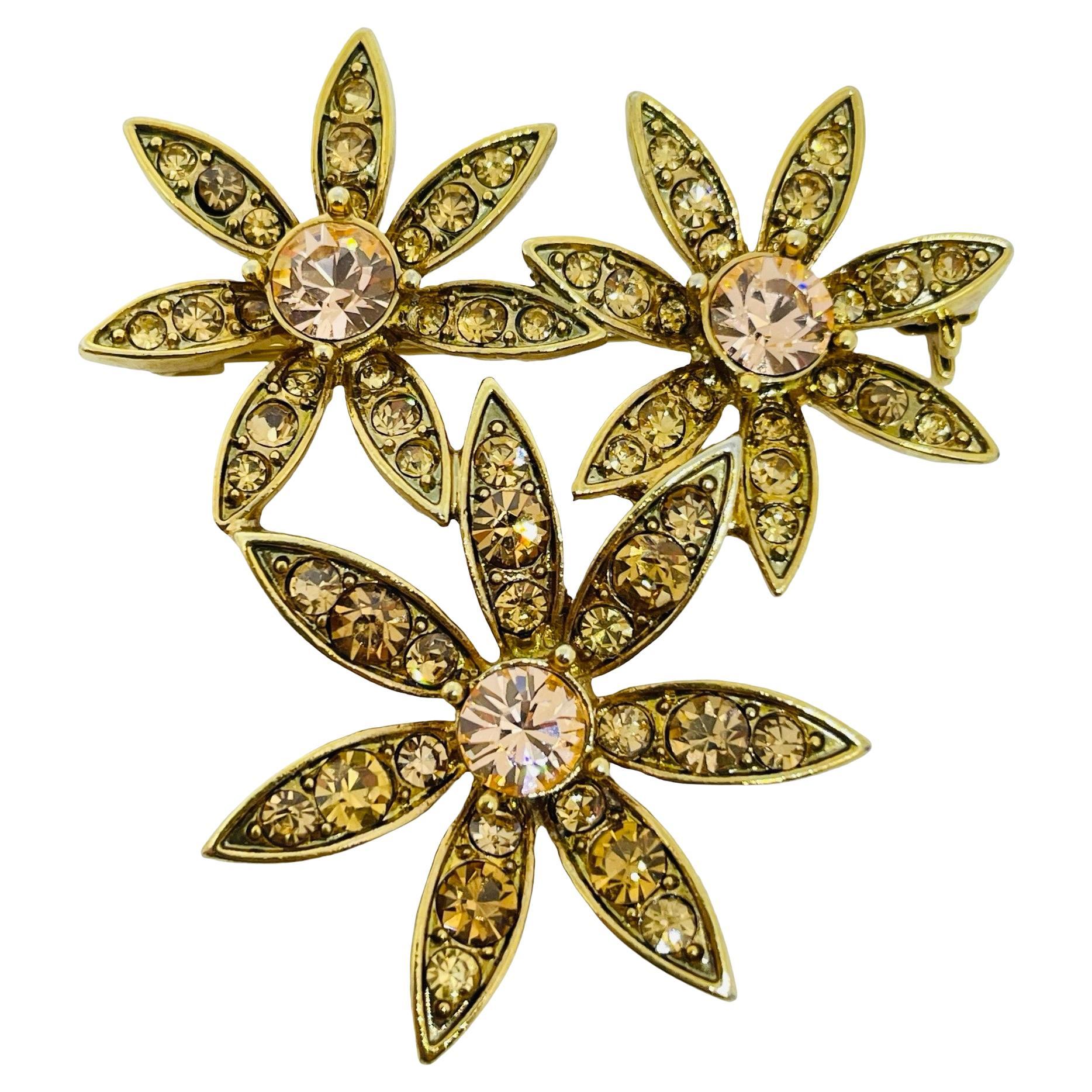 Pre-owned Monet Signed Vintage Gold Tone Rhinestone Flower Designer Brooch In Multi