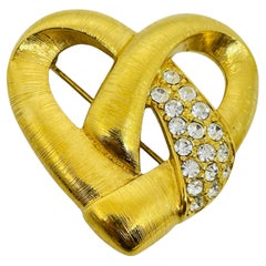 MONET signed vintage gold tone rhinestone heart designer brooch