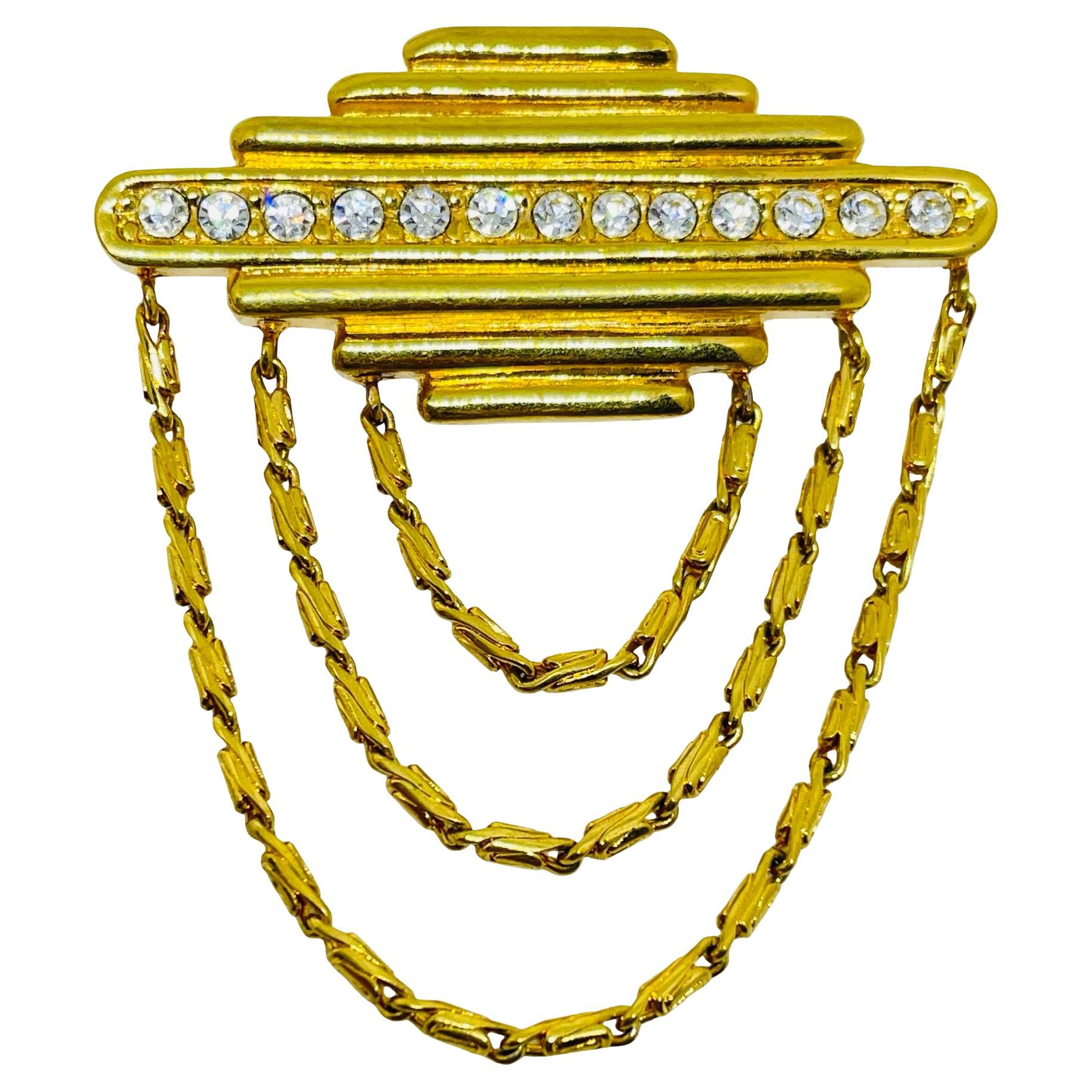 MONET signed vintage gold tone rhinestones dangle designer brooch