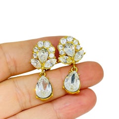 MONET signed vintage gold tone rhinestones designer dangle clip on earrings
