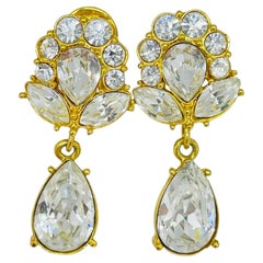 MONET signed vintage gold tone rhinestones designer dangle clip on earrings