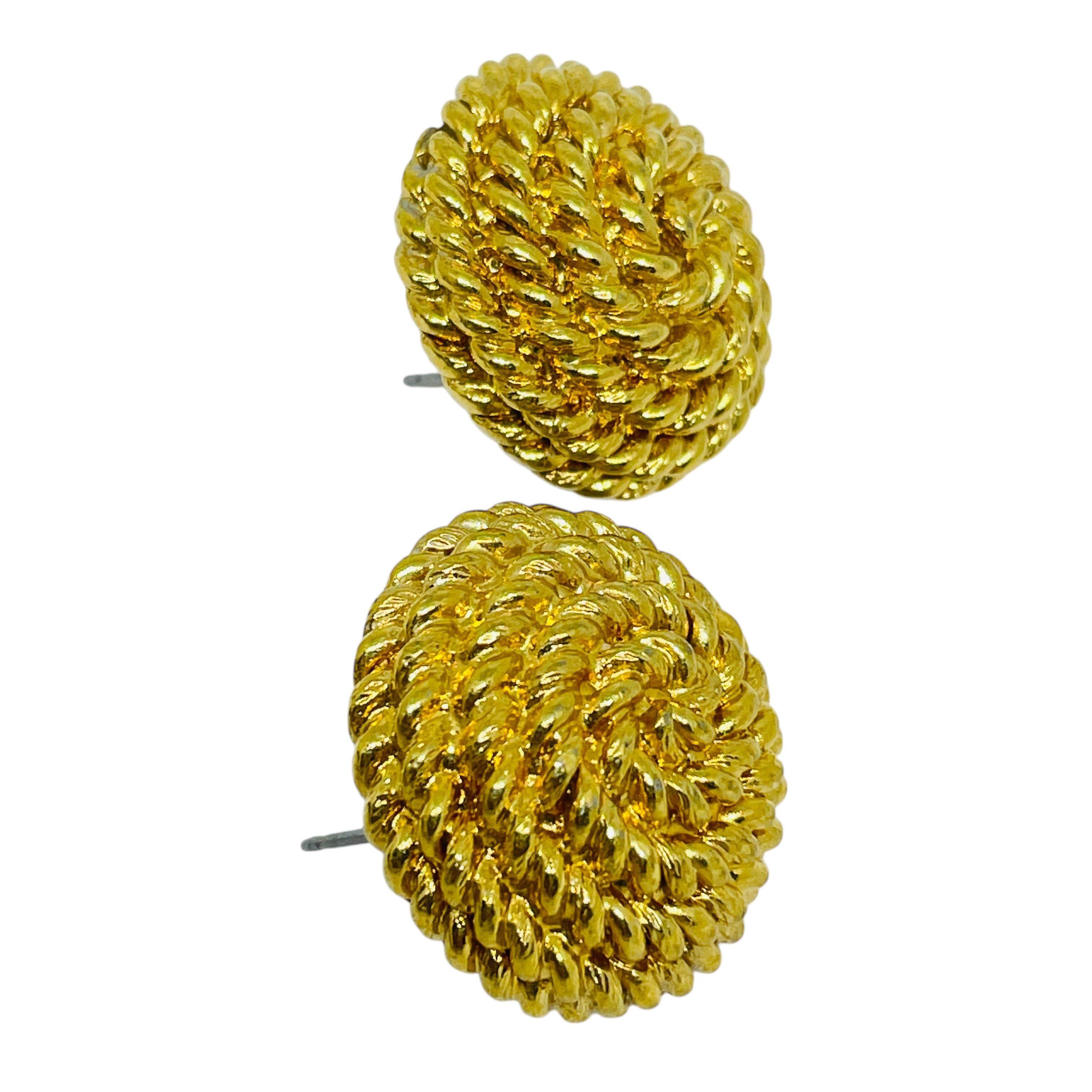 Women's or Men's MONET signed vintage gold tone rope swirl designer post earrings For Sale