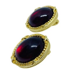 MONET signed vintage gold tone ruby red glass designer clip on earrings