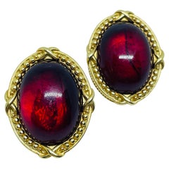 MONET signed vintage gold tone ruby red glass designer clip on earrings