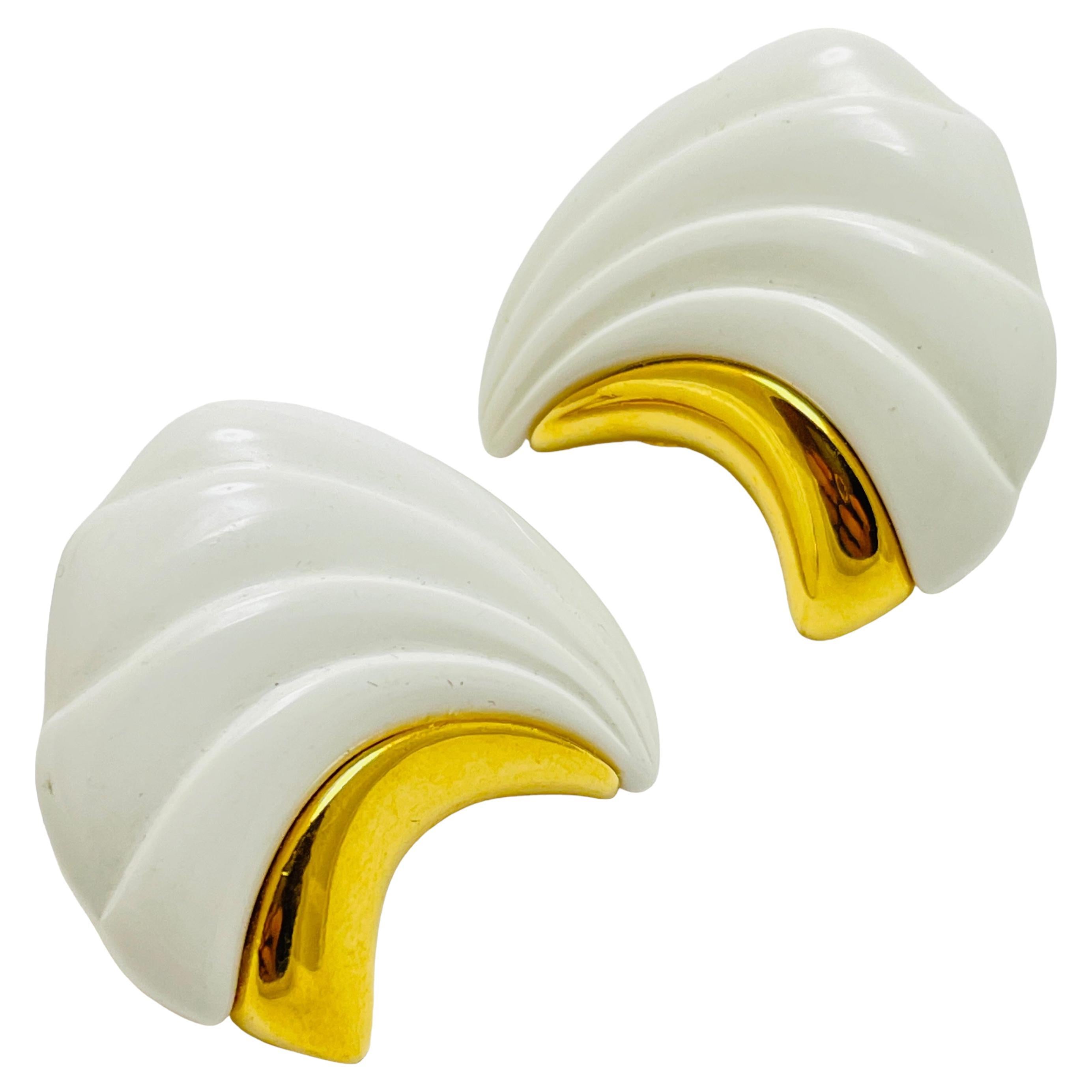 MONET signed vintage gold white lucite designer clip on earrings